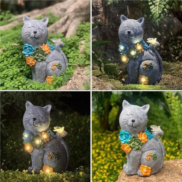 Solar Cat Statue Outdoor Garden Decor, Cat Figurines Garden Outside Decoration - Picture 3 of 7